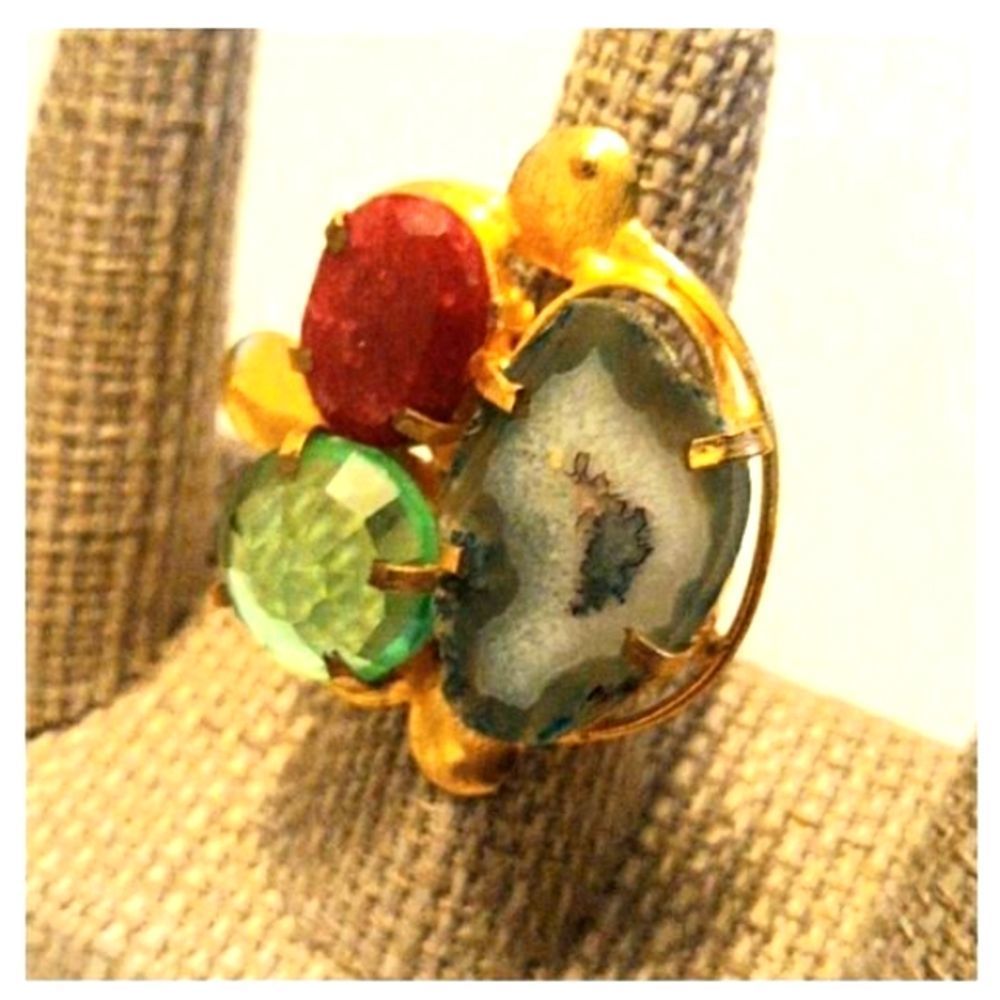 GORGEOUS VERMEIL THREE SEMIPRECIOUS STONES RING - Picture 2 of 5